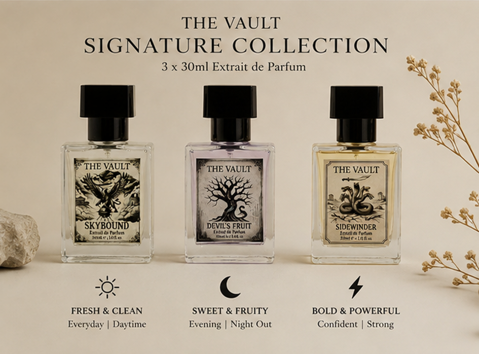 The Vault Signature Collection – 3 × 30ml Extrait de Parfum | Skybound, Sidewinder & Devil’s Fruit